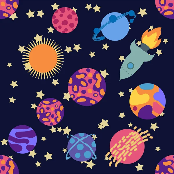 Seamless Space Pattern Planets Rockets Stars Cartoon Spaceship Icons Hand — Stock Vector