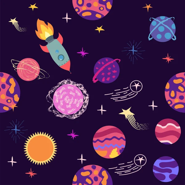 Seamless Space Pattern Planets Rockets Stars Cartoon Spaceship Icons Hand — Stock Vector