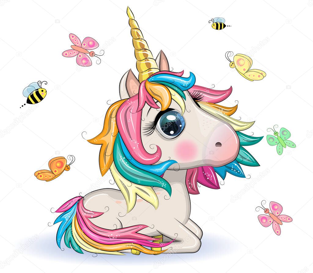 Magic cute unicorn, stars, clouds and moon poster, greeting card, illustration with outline