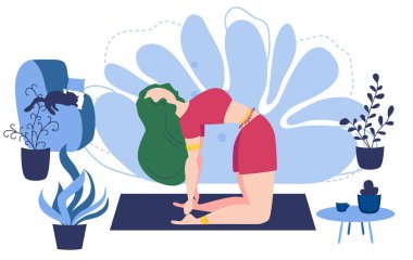 Rahatlamış genç bayan dinleniyor. Kız meditasyon yapıyor. Moda düz çizgi film tarzı. Şehir ormanı. Evde Meditasyon