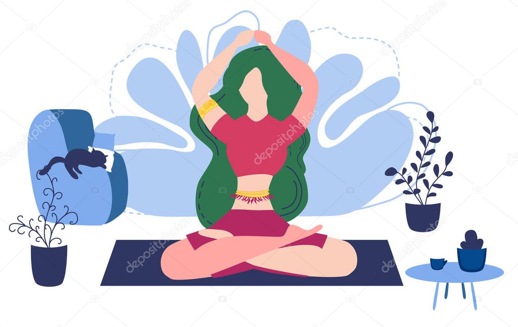Relaxed young woman enjoying rest. Girl meditates. Trendy flat cartoon style. Urban jungle. Meditation at Home