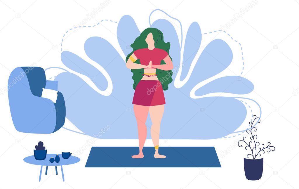 Relaxed young woman enjoying rest. Girl meditates. Trendy flat cartoon style. Urban jungle. Meditation at Home