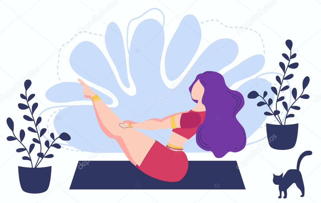 Girl at home in garden with plants growing in pots. Relaxed young woman enjoying rest. Girl meditates. flat cartoon style. Urban jungle. Meditation at Home