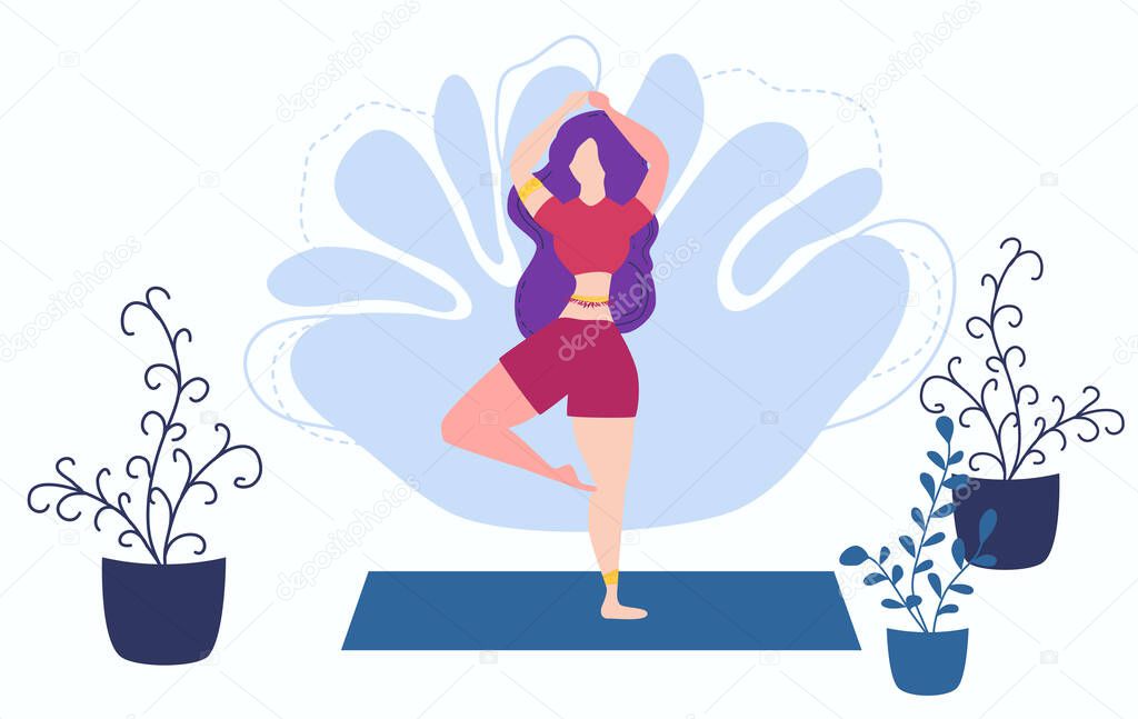 Girl at home in garden with plants growing in pots. Relaxed young woman enjoying rest. Girl meditates. flat cartoon style. Urban jungle. Meditation at Home