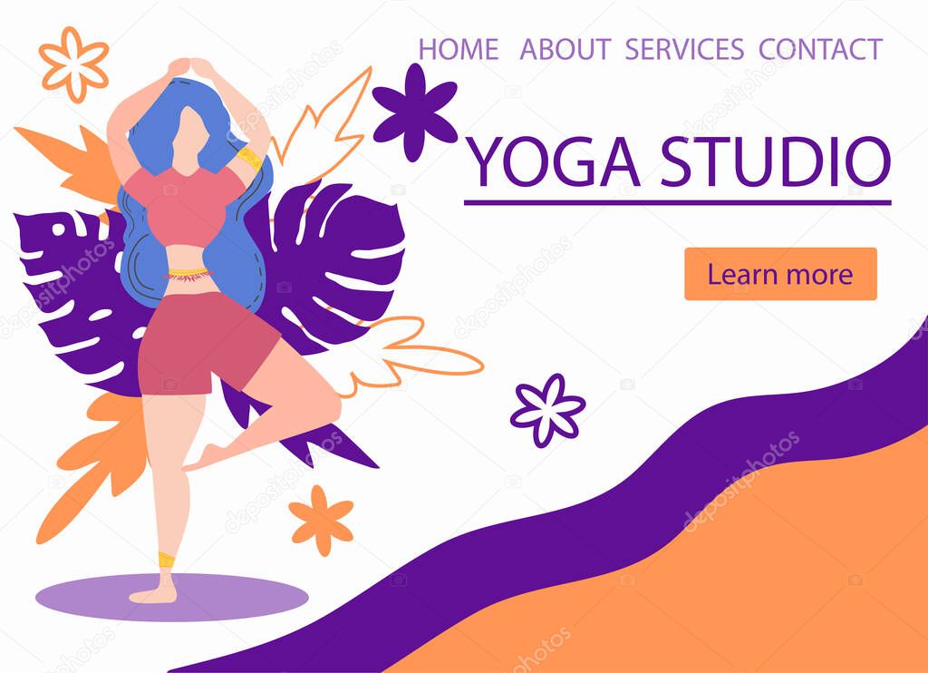 Website banner design for Yoga studio promotion with Learn more button. Yogi woman meditating. Cute flat female character and decorative plants, bright leaves