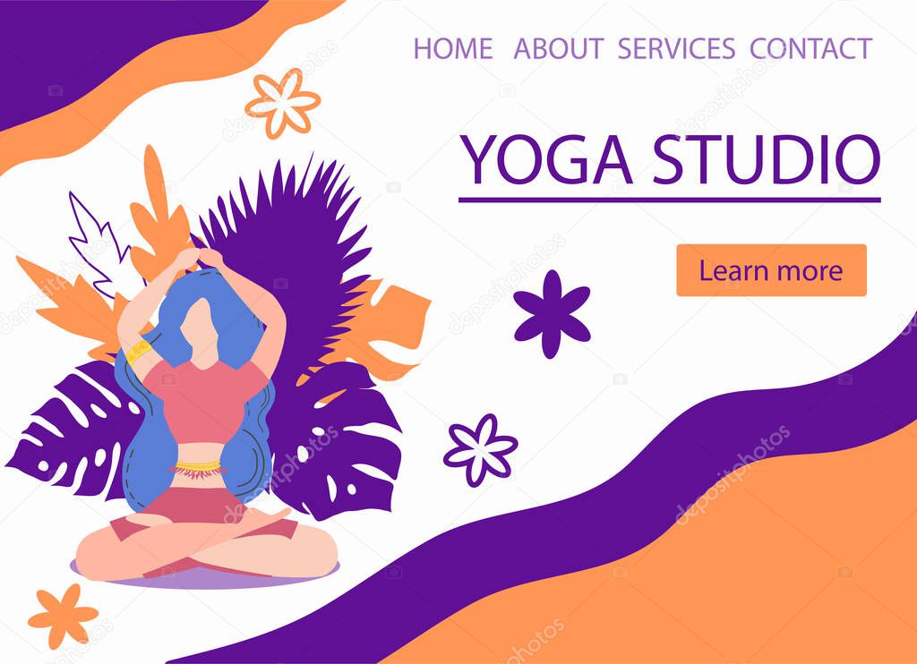 Website banner design for Yoga studio promotion with Learn more button. Yogi woman meditating in the Lotus pose. Cute flat female character and decorative plants, bright leaves and doodle flowers.