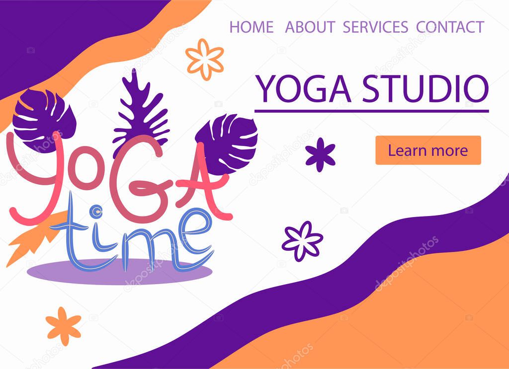 Website banner design for Yoga studio promotion with Learn more button. Lettering Yoga Time and decorative plants, bright leaves