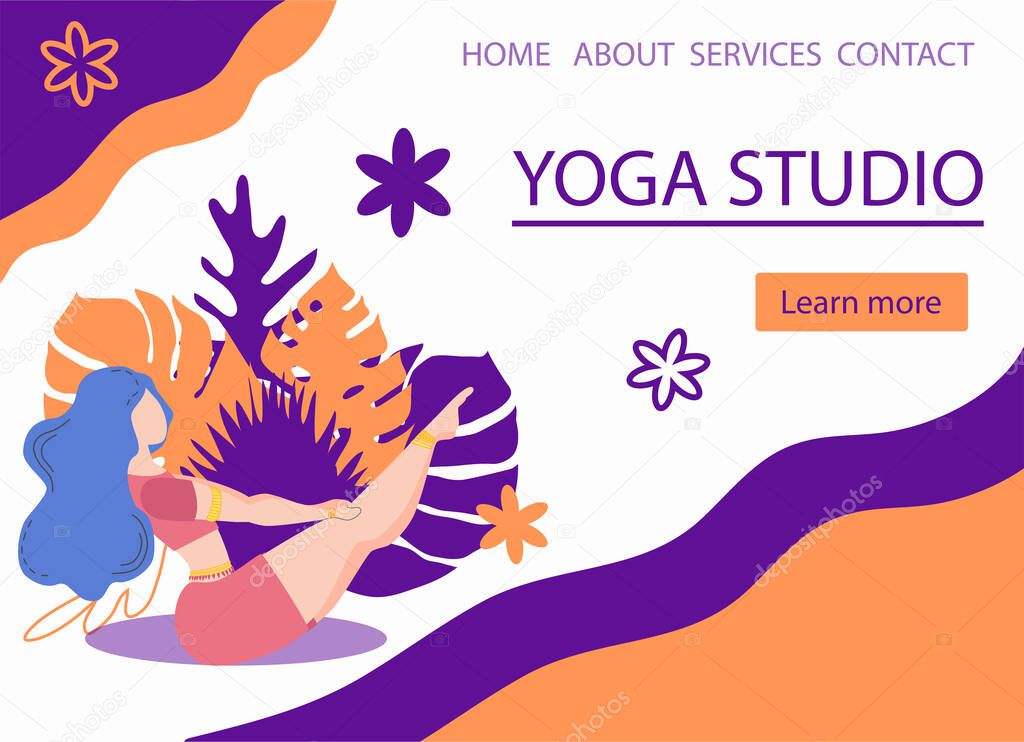 Website banner design for Yoga studio promotion with Learn more button. Yogi woman meditating. Cute flat female character and decorative plants, bright leaves