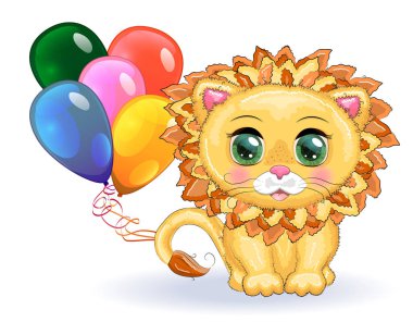 Çocukların parlak tarzında, balonlu, kocaman gözleri olan sevimli çizgi film aslanı tebrik kartı.