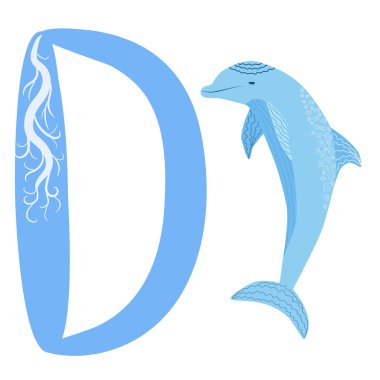 D harfi Yunus alfabesi. İngiliz alfabesi, hayvan eğitimi, beyaz arka plan. El çizimi.