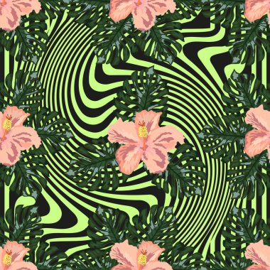 El çizimi tropikal çiçek, çiçek kümesi pürüzsüz desen arka plan, şerit bozulması, amber çiçeği