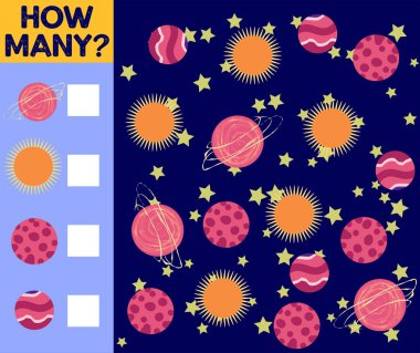 Anaokulu çocukları için sayım oyunu. Eğitici bir matematik oyunu. Kaç tane uzay nesnesi say ve sonucu yaz