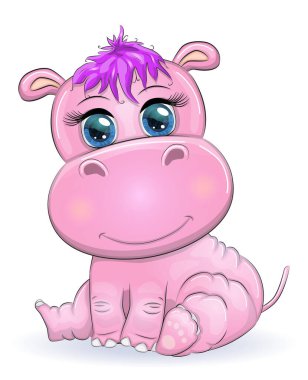 El çizimi güzel gözleri olan şirin bir su aygırı çizgi filmi. baskı tişörtleri, bebek kıyafetleri moda tasarımı, bebek partisi davetiyesi.