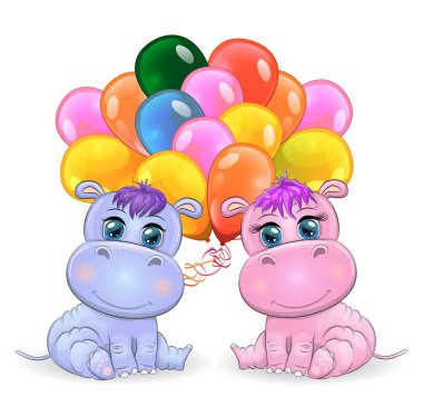 Balonlu güzel gözleri olan iki tatlı çizgi film hipopotamı, bir oğlan ve bir kız. Tebrik kartı, bebek partisi davetiyesi.