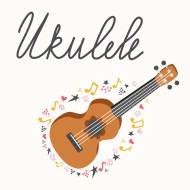 Yazın yazlık harflerle yazılmış ukulele karikatürü, müzik afişi tasarımı. Dört telli gitarlı küçük bir gitar, notalar, üç tuşlu anahtarlar, yazıtlar. el çizimi biçim.