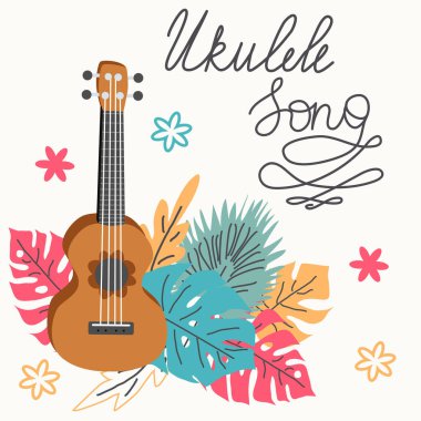 Ukulele ve tropikal yapraklar. Dört telli gitar eli çizilmiş. Ukulele şarkısı harfleri.
