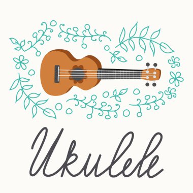 Ukulele ve tropikal yapraklar. Dört telli gitar eli çizilmiş. Ukulele sörf harfleri.