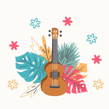 Ukulele ve tropikal yapraklar. dört telli gitar el çizimi