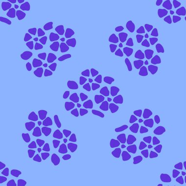 Sade çiçeklerle, mavi ve cyan tonlarıyla, koyu mavi renklerle renksiz desenli..