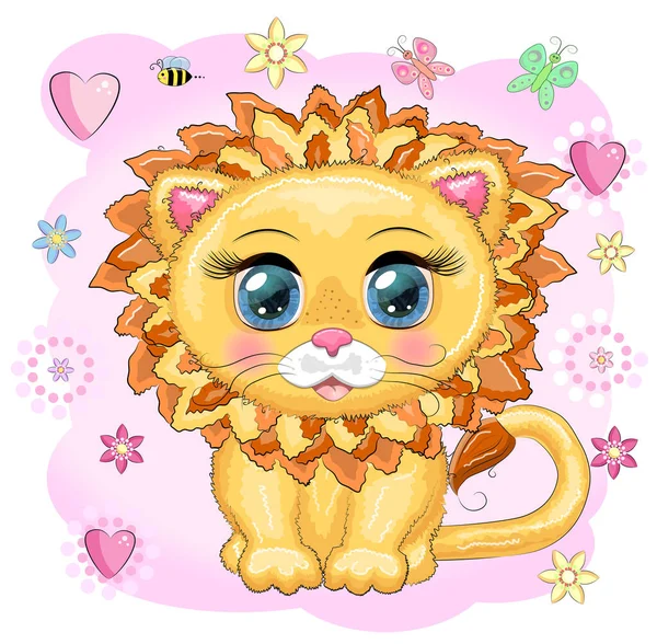 花輪の中で明るい子供のスタイルで大きな目でかわいい漫画ライオン — ストックベクタ