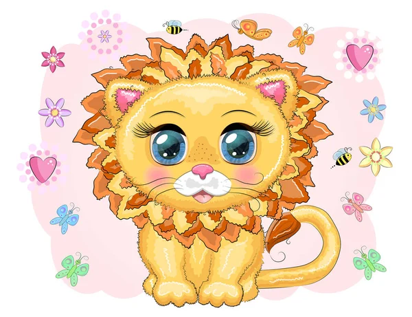花輪の中で明るい子供のスタイルで大きな目でかわいい漫画ライオン — ストックベクタ