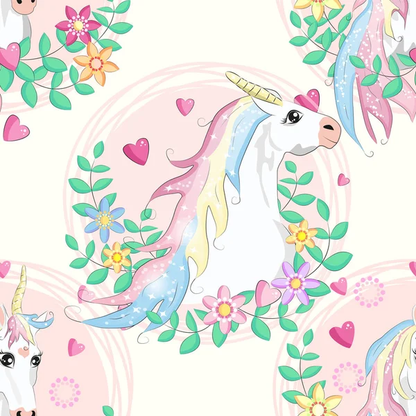 Pola Mulus Dengan Unicorn Ajaib Pelangi Flovers Hati Confetti Dan - Stok Vektor