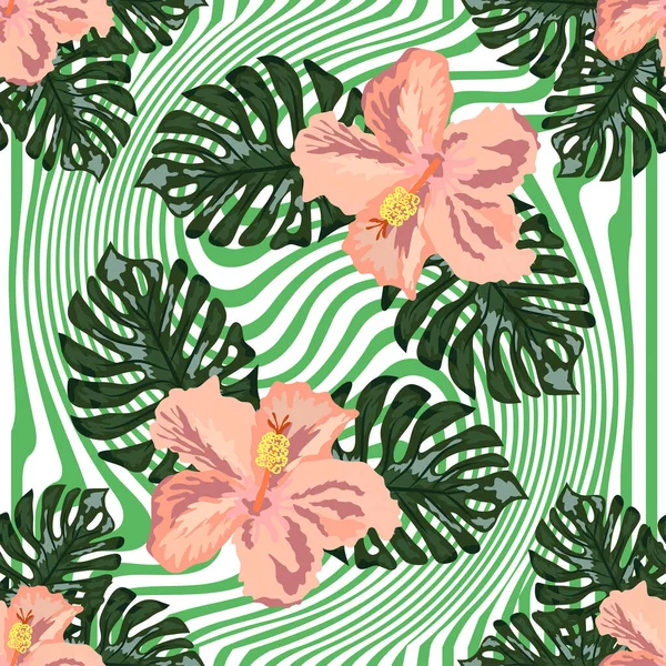 Hand Zeichnen Tropische Blume Blüte Cluster Nahtlose Muster Hintergrund Streifen — Stockvektor