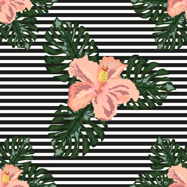 Малюнок Рук Тропічна Квітка Безшовний Фон Кластером Спотворення Смуги Квітка — стоковий вектор
