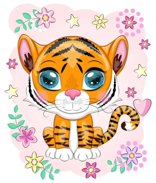 Tigre Desenho Animado Bonito Com Belos Olhos Brilhante Laranja Entre — Vetor de Stock