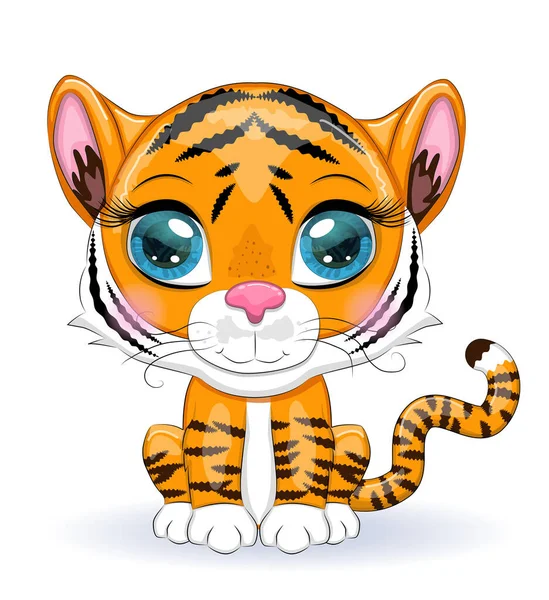 Netter Cartoon Tiger Mit Schönen Augen Hell Orange Für Grußkarten — Stockvektor