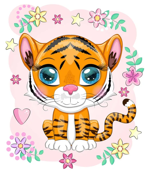 Милый Мультяшный Тигр Красивыми Глазами Яркий Оранжевый Среди Цветов Сердечки — стоковый вектор