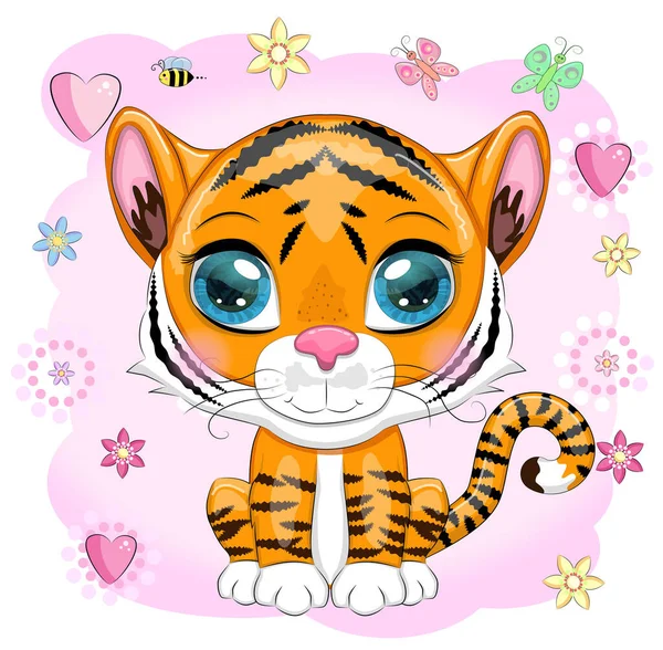 Cute Cartoon Tiger Beautiful Eyes Bright Orange Flowers Hearts Greeting — Stock Vector