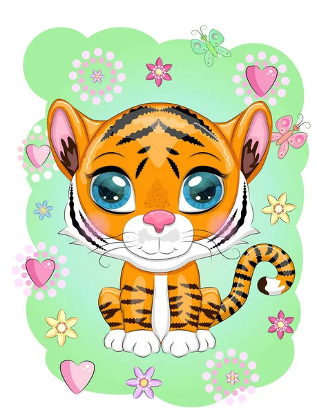 Tigre Desenho Animado Bonito Com Belos Olhos Brilhante Laranja Entre — Vetor de Stock