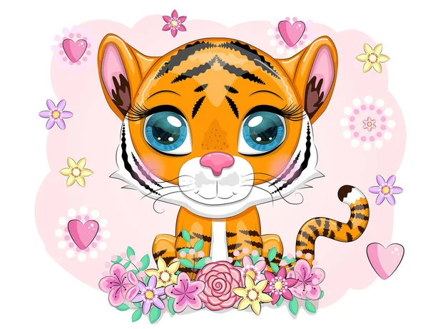 Cute Cartoon Tiger Beautiful Eyes Bright Orange Flowers Hearts Greeting — Stock Vector