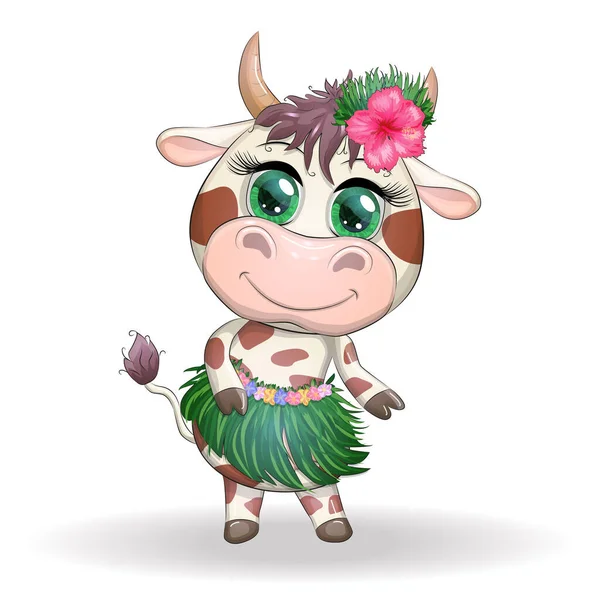 Bonito Buey Personaje Vaca Bailarina Hawaiana Baile Buey Alegre 2021 — Vector de stock