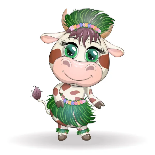 Bonito Boi Personagem Vaca Dançarina Hula Havaiana Dança Alegre Boi —  Vetores de Stock