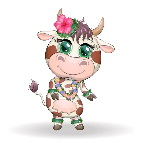 Bonito Boi Personagem Vaca Dançarina Hula Havaiana Dança Alegre Boi — Vetor de Stock