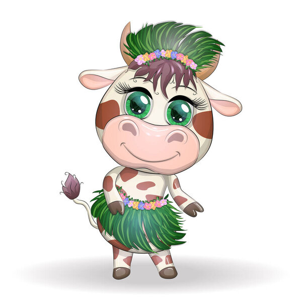 Cute ox, cow character of Hawaiian hula dancer. Cheerful ox dancing. 2021 Lunar Year animal symbol. Chinese new year Cute Bull mascot
