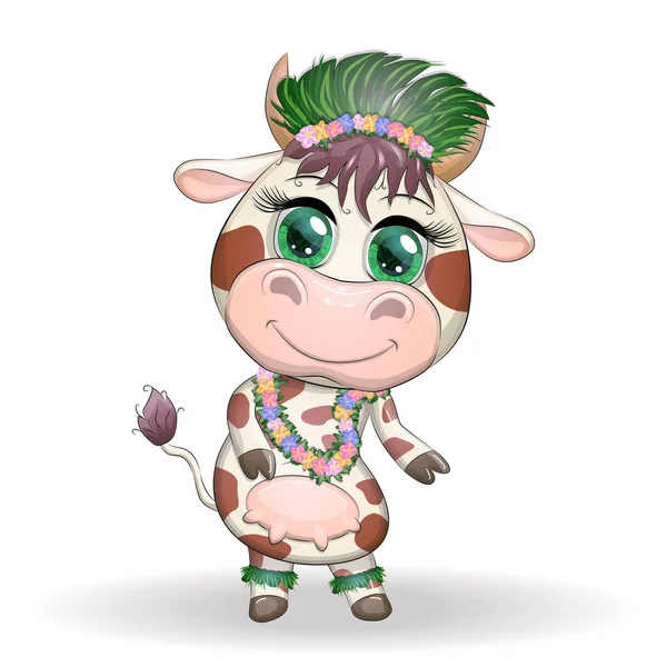 Bœuf Mignon Personnage Vache Danseur Hula Hawaïen Joyeux Bœuf Dansant — Image vectorielle