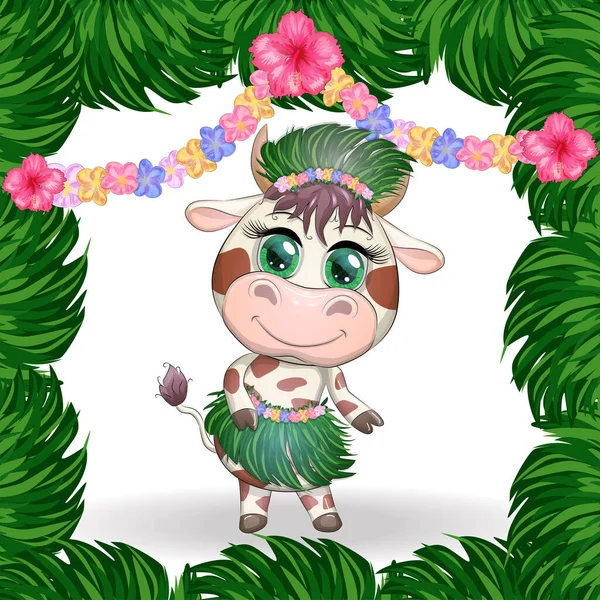 Roztomilý Kreslený Býk Kráva Krásnýma Očima Postava Havajské Hula Tanečnice — Stockový vektor