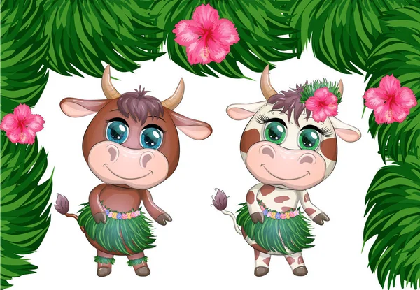 Пара Милый Мультяшный Бык Корова Красивыми Глазами Является Персонажем Гавайского — стоковый вектор