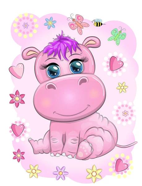 Mignon Dessin Animé Hippopotame Avec Beaux Yeux Parmi Les Fleurs — Image vectorielle