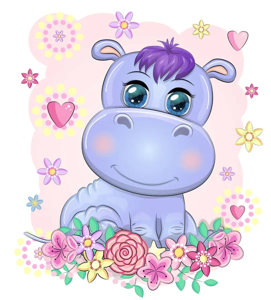 Cute Hippo Cartoon Beautiful Eyes Flowers Hearts Print Shirts Baby — Stock Vector