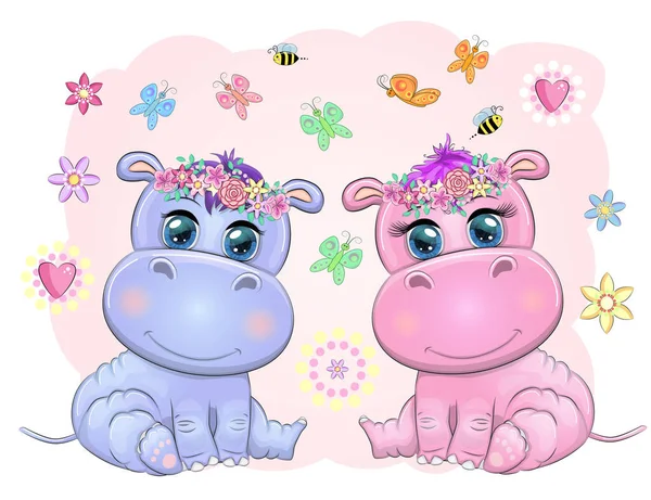 Dois Bonito Desenho Animado Hipopótamo Com Belos Olhos Entre Flores —  Vetores de Stock