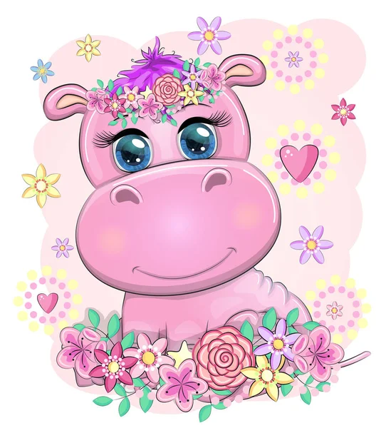 Cute Hippo Cartoon Beautiful Eyes Flowers Hearts Print Shirts Baby — Stock Vector