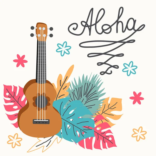 乌库莱勒和热带树叶 四弦吉他手绘插图 阿罗哈冲浪字母 — 图库矢量图片