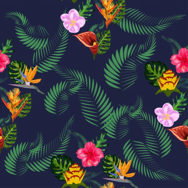 Patrón Tropical Sin Costuras Con Palma Hojas Monstera Muchas Flores — Vector de stock