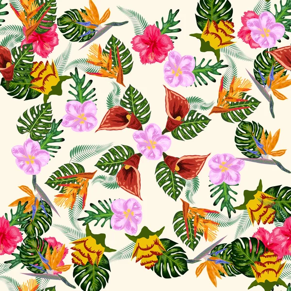 Nahtloses Tropisches Muster Mit Palmen Monsterblättern Und Vielen Blüten Aus — Stockvektor