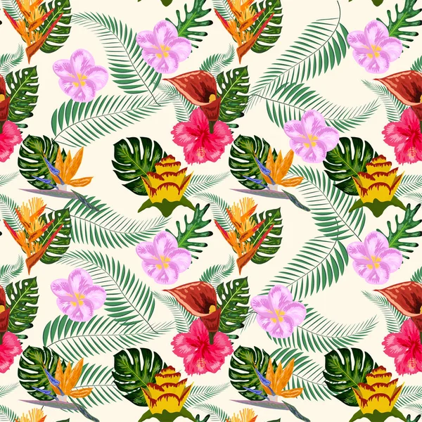 Nahtloses Tropisches Muster Mit Palmen Monsterblättern Und Vielen Blüten Aus — Stockvektor