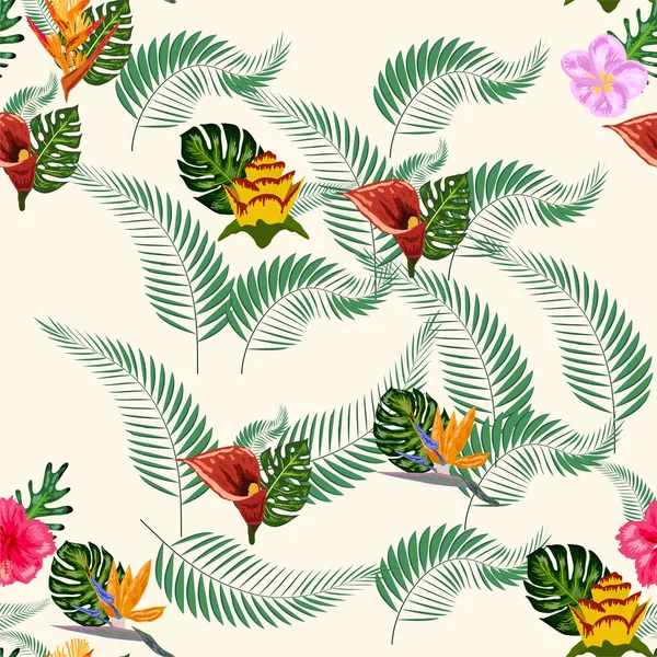 Patrón Tropical Sin Costuras Con Palma Hojas Monstera Muchas Flores — Vector de stock